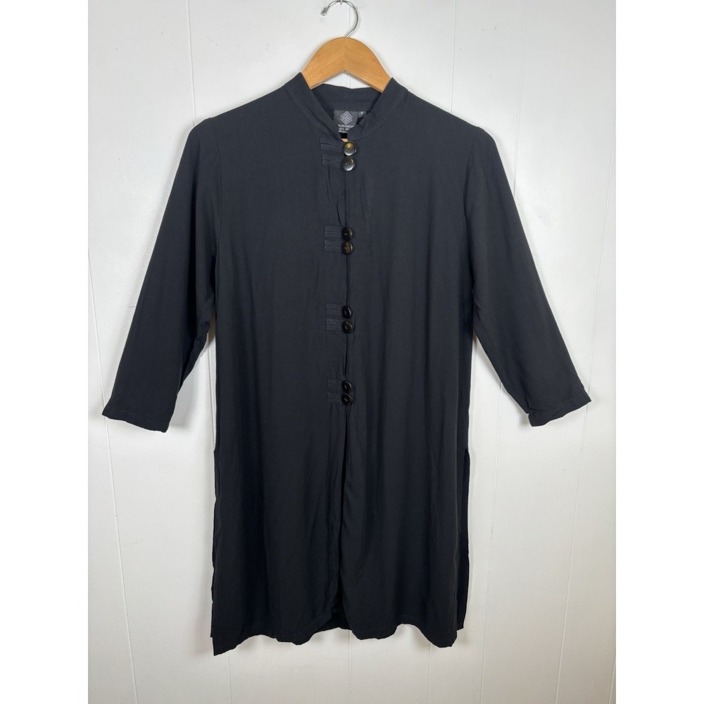 Endless Knot‎ Art Sz Small Asian Shirt Tunic Jacket Top Black Rayon Button Front